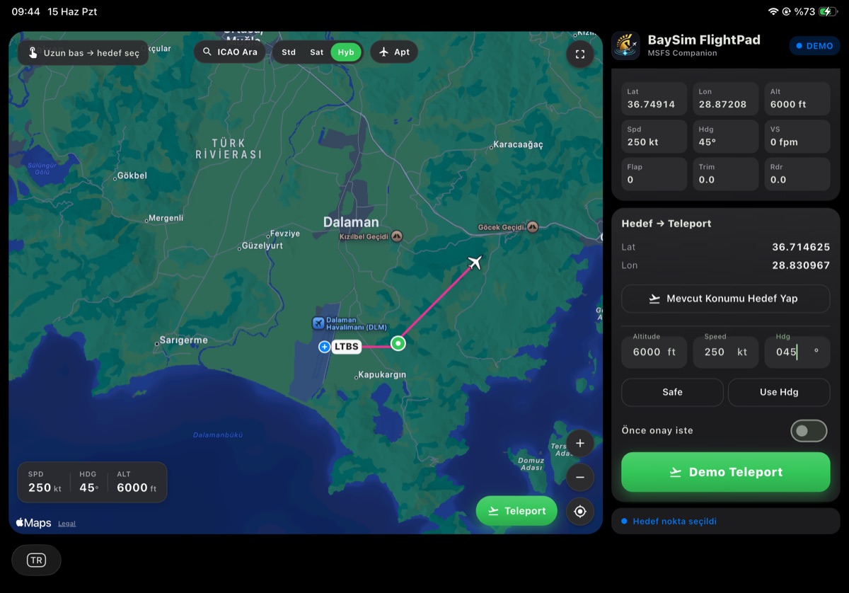 The target-and-teleport panel of the app with altitude, speed and heading fields and Safe / Use Hdg options