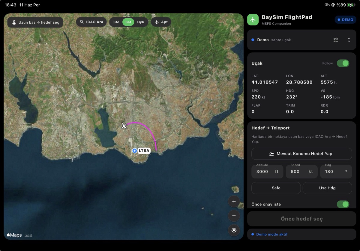 BaySim FlightPad in satellite demo mode: aircraft marker with flight trail over Istanbul and live telemetry in the side panel
